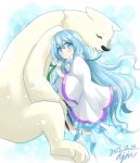  1girl barefoot bear blue_eyes blue_hair dress highres hisin long_hair polar_bear signature ursula_(xenoblade) very_long_hair xenoblade_chronicles_(series) xenoblade_chronicles_2 