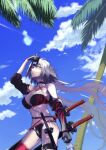 1girl ahoge ass_visible_through_thighs bikini black_bikini black_gloves blue_sky bottle breasts breasts_apart can_to_forehead cloud deishuu fate/grand_order fate_(series) from_below gloves grey_hair groin_tendon jeanne_d&#039;arc_(alter_swimsuit_berserker)_(fate) jeanne_d&#039;arc_(fate) katana large_breasts looking_at_viewer navel palm_tree sky solo swimsuit sword thighhighs thighs tree water_bottle weapon yellow_eyes 