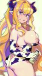  1girl alternate_costume animal_costume animal_print bangs bell blonde_hair blue_eyes breasts commentary covering covering_breasts covering_nipples cow_costume cow_girl cow_print cowbell draph english_commentary eyebrows_visible_through_hair granblue_fantasy highres horns large_breasts long_hair milk neck_bell pointy_ears print_leotard razia solo woofycakes yellow_background 