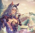  1girl animal_ears artist_name backless_outfit bracer braid braided_ponytail breasts castle check_commentary cleavage commentary commentary_request erune flag gloves granblue_fantasy hair_ornament heles highres hitohanoha long_hair medium_breasts parted_lips post_guild_war_celebration smile solo teeth very_long_hair yellow_eyes 