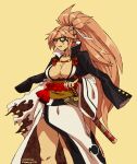  1girl baiken breasts caramelized_tomatoes cleavage eyepatch guilty_gear guilty_gear_xrd japanese_clothes kataginu katana kimono large_breasts long_hair missing_limb pink_eyes pink_hair ponytail sword very_long_hair weapon yellow_background 