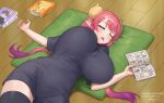  1girl bad_id bad_pixiv_id bangs black_legwear black_shirt breasts chips closed_eyes dragon_horns drooling food gradient_hair holding horns huge_breasts ilulu_(maidragon) kobayashi-san_chi_no_maidragon light_blush long_hair low_twintails lying manga_(object) multicolored_hair nhaliz on_back on_floor open_mouth patreon_username pink_hair pointy_ears potato_chips purple_hair shiny shiny_hair shirt short_sleeves signature sleeping solo thighhighs thighs twintails unaligned_breasts watermark web_address wooden_floor 