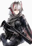  1girl absurdres ahoge alternate_costume arknights assault_rifle black_cape black_pants black_scarf black_shirt cape commentary_request demon_horns feet_out_of_frame grey_hair gun hair_between_eyes highres holding holding_gun holding_weapon horns looking_to_the_side m4_carbine mk_18_carbine pants partial_commentary pouch rifle scarf shirt short_hair simple_background sitting solo t800 w_(arknights) weapon weapon_request white_background 