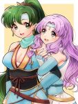  2girls alternate_costume bangs bare_shoulders breasts cleavage earrings eyebrows_visible_through_hair fire_emblem fire_emblem:_the_blazing_blade fire_emblem_heroes florina_(fire_emblem) gau_fe green_eyes green_hair grey_eyes headband holding_another&#039;s_arm hug japanese_clothes jewelry light_purple_hair long_hair lyn_(fire_emblem) multiple_girls ninja official_alternate_costume open_mouth parted_bangs ponytail ribbon scarf smile teeth upper_teeth very_long_hair white_headband 
