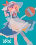  1girl :o adjusting_clothes adjusting_headwear apron aqua_background arm_at_side back_bow bad_id bad_tumblr_id bangs blonde_hair blue_dress bow bowtie brown_eyes contrapposto daizu_(melon-lemon) dot_nose dress eyebrows_visible_through_hair eyes_visible_through_hair feet_out_of_frame frilled_apron frills from_side gradient_eyes hair_between_eyes hand_on_headwear hand_up hat hat_ribbon highres kana_anaberal long_hair looking_away medium_dress multicolored_eyes no_entry_sign no_lineart parted_lips petticoat puffy_short_sleeves puffy_sleeves red_bow red_bowtie red_ribbon ribbon road_sign short_sleeves sign simple_background sleeve_cuffs solo standing sun_hat tareme touhou touhou_(pc-98) waist_apron white_apron white_bow white_headwear white_legwear wing_collar yellow_eyes 