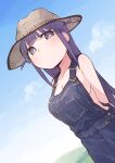 1girl absurdres areola_slip areolae arms_behind_back bangs bare_shoulders blue_overalls blue_sky blunt_bangs blush breasts bright_pupils brown_headwear cleavage closed_mouth cloud collarbone cowboy_shot day dutch_angle goe_(g-o-e) hat highres long_hair looking_at_viewer medium_breasts naked_overalls outdoors overalls purple_eyes purple_hair shoujo_kageki_revue_starlight sideboob sidelocks sky solo standing tsuyuzaki_mahiru two_side_up very_long_hair white_pupils 