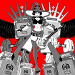  1girl amplifier belt breasts cleavage electric_guitar fingerless_gloves gloves guilty_gear guilty_gear_strive guitar hat highres i-no instrument jacket looking_at_viewer monochrome short_hair sunglasses thighhighs venus_symbol wings witch_hat 