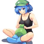  1girl blue_eyes blue_footwear blue_hair blush boots breasts cleavage closed_mouth collarbone crossed_legs eyebrows_visible_through_hair green_headwear gundam hair_bobbles hair_ornament haro hat highres kawashiro_nitori large_breasts lips looking_away short_hair short_twintails shorts smile solo tank_top tarmo tongue tongue_out touhou twintails 