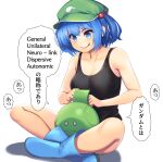  1girl blue_eyes blue_footwear blue_hair blush boots breasts cleavage closed_mouth collarbone crossed_legs eyebrows_visible_through_hair green_headwear gundam gundam_seed hair_bobbles hair_ornament haro hat highres kawashiro_nitori large_breasts lips looking_away short_hair short_twintails shorts smile solo speech_bubble tank_top tarmo tongue tongue_out touhou translated twintails 