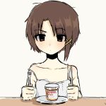 04119_snail 1girl blush brown_eyes camisole closed_mouth collarbone fork hair_ornament highres holding holding_fork holding_knife iwakura_lain knife looking_at_viewer pill_bottle plate serial_experiments_lain short_hair solo upper_body x_hair_ornament 
