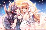  2girls :d ;d animal_ear_fluff animal_ears bangs bare_shoulders black_dress black_hair black_wings blush breasts brown_eyes brown_hair chinese_commentary cleavage collar commentary_request detached_collar dress eyebrows_visible_through_hair feathered_wings flower frilled_dress frills full_moon grey_dress hair_between_eyes hair_flower hair_ornament long_hair medium_breasts mid-autumn_festival moon mooncake multiple_girls off-shoulder_dress off_shoulder one_eye_closed open_mouth original outstretched_arm puffy_short_sleeves puffy_sleeves rabbit_ears red_eyes red_flower sakurano_ru short_sleeves smile very_long_hair white_collar white_flower white_wings wings 