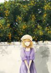  1girl bangs blonde_hair bush dress eyebrows_visible_through_hair flower grin hat leaf looking_at_viewer maribel_hearn medium_hair mob_cap outdoors poteimo_(poteimo622) purple_dress purple_eyes shadow smile solo touhou upper_body wall 