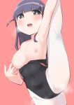  1girl absurdres arm_support arm_up bangs bare_arms bare_shoulders black_leotard blunt_bangs blush breasts breasts_outside bright_pupils cameltoe covered_navel cowboy_shot eyebrows_visible_through_hair flexible goe_(g-o-e) hand_up heavy_breathing highres leg_up leotard leotard_pull long_hair looking_at_viewer medium_breasts nipples open_mouth outstretched_arm pantyhose purple_eyes purple_hair red_background saliva shoujo_kageki_revue_starlight sidelocks simple_background solo split standing standing_on_one_leg standing_split steaming_body teeth tsuyuzaki_mahiru upper_teeth white_legwear white_pupils 
