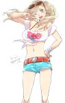  1girl belt blonde_hair blue_eyes blush breasts cleavage commentary cowboy_shot crop_top denim denim_shorts earrings eyebrows_visible_through_hair eyewear_on_head floating_hair hand_on_hip heart heart_earrings highres jewelry komugi_(mugiwaraclub) large_breasts legs midriff navel one_eye_closed open_mouth persona persona_5 persona_5_scramble:_the_phantom_strikers shirt short_shorts shorts simple_background smile solo sunglasses takamaki_anne teeth tied_shirt twintails upper_teeth v white_background 