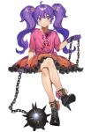  1girl ball_and_chain_(weapon) black_footwear crossed_legs facing_viewer frilled_skirt frills full_body gloves high_heels highres holding holding_weapon invisible_chair ka_4maki long_hair orange_skirt original pink_shirt purple_eyes purple_gloves purple_hair shirt simple_background sitting skirt solo t-shirt twintails weapon white_background 