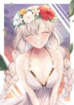  1girl absurdres anastasia_(fate) anastasia_(swimsuit_archer)_(fate) bangs bare_shoulders blush braid breasts cleavage closed_eyes collarbone dress dress_swimsuit fate/grand_order fate_(series) flower_wreath grin hair_over_one_eye head_wreath highres long_hair medium_breasts silver_hair smile solo tobi_(pixiv41237754) twin_braids very_long_hair white_dress 