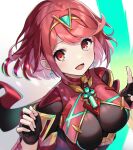  1girl bangs black_gloves breasts chest_jewel earrings fingerless_gloves gloves highres jewelry large_breasts moruno_mgmg pyra_(xenoblade) red_eyes red_hair short_hair solo swept_bangs tiara xenoblade_chronicles_(series) xenoblade_chronicles_2 