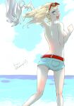  1girl ass backboob belt blonde_hair blue_eyes breasts commentary_request denim denim_shorts earrings eyewear_on_head floating_hair heart heart_earrings highres jewelry komugi_(mugiwaraclub) legs long_hair looking_at_viewer looking_back medium_breasts ocean one_eye_closed open_mouth persona persona_5 persona_5_scramble:_the_phantom_strikers running shirt_removed short_shorts shorts smile solo sunglasses takamaki_anne throwing topless twintails water 