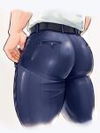  1boy ass ass_focus back_cutout bara belt blue_pants bolloxxxz clothing_cutout from_behind highres male_focus original pants sample shirt solo taut_clothes taut_pants thick_thighs thighs white_background white_shirt 