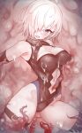  1girl absurdres armpits ass_visible_through_thighs bare_shoulders blush breasts cleavage cleavage_cutout clothing_cutout collar crying crying_with_eyes_open elbow_gloves fate/grand_order fate_(series) gloves greyscale hair_over_one_eye highleg highleg_leotard highres large_breasts leotard mash_kyrielight metal_collar monochrome navel navel_cutout nurami_(shouji) open_mouth purple_eyes restrained short_hair sleeveless solo spot_color spread_legs tears tentacles thigh_strap thighhighs tongue 