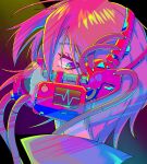  1girl 310o_sugar absurdres commentary cyberpunk english_commentary highres looking_at_viewer looking_to_the_side mask mouth_mask original parted_lips purple_eyes red_hair respirator see-through short_hair solo tube 