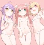  3girls :d absurdres ahoge aqua_eyes arm_at_side bangs bare_arms bare_shoulders bikini bikini_lift bikini_pull blonde_hair blush braid breasts bright_pupils bunny_hair_ornament closed_mouth clothes_lift clothes_pull collarbone cowboy_shot eyebrows_visible_through_hair fingernails flat_chest goe_(g-o-e) grin groin hair_between_eyes hair_ornament halter_top halterneck hand_up hands_up heavy_breathing highres lifted_by_self long_hair micro_bikini multiple_girls navel nonomiya_lalafin open_mouth otonashi_ichie otori_michiru pink_background pink_eyes pink_hair pulled_by_self purple_hair shiny shiny_hair short_hair shoujo_kageki_revue_starlight shoujo_kageki_revue_starlight_-re_live- sidelocks simple_background single_braid small_breasts smile standing stomach string_bikini swept_bangs swimsuit two_side_up very_long_hair white_bikini white_pupils yellow_eyes 
