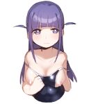  1girl absurdres bangs bare_shoulders blunt_bangs blush breasts breasts_outside bright_pupils cleavage closed_mouth collarbone competition_school_swimsuit covered_navel cropped_arms cropped_torso eyebrows_visible_through_hair goe_(g-o-e) highres large_breasts long_hair looking_at_viewer nipples purple_eyes purple_hair shoujo_kageki_revue_starlight sidelocks simple_background solo strap_slip swimsuit tsuyuzaki_mahiru two_side_up upper_body wavy_mouth white_background white_pupils 