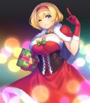  1girl alice_margatroid arm_up blonde_hair blue_eyes blush box breasts cleavage closed_mouth corset eyebrows_visible_through_hair gift gift_box gloves hairband highres holding holding_gift index_finger_raised large_breasts lips looking_at_viewer one_eye_closed red_gloves santa_costume short_hair smile solo tarmo touhou 