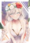  1girl absurdres anastasia_(fate) anastasia_(swimsuit_archer)_(fate) bangs bare_shoulders blue_eyes blush braid breasts cleavage collarbone dress dress_swimsuit fate/grand_order fate_(series) flower_wreath hair_over_one_eye head_wreath highres long_hair looking_at_viewer medium_breasts silver_hair solo tobi_(pixiv41237754) twin_braids very_long_hair white_dress 