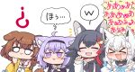  4girls ? animal_collar animal_ears black_hair brown_hair cat_ears cat_girl collar commentary_request crossed_arms dog_ears dog_girl dog_tail fangs fox_ears fox_girl hololive hololive_gamers inugami_korone jacket matarou_(matarou072) multicolored_hair multiple_girls nekomata_okayu ookami_mio purple_eyes purple_hair red_hair ribbon-trimmed_sleeves ribbon_trim sailor_collar sailor_shirt shirakami_fubuki shirt sleeves_past_wrists streaked_hair sweater tail translation_request two-tone_hair virtual_youtuber white_hair wolf_ears wolf_girl yellow_jacket 