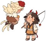  2girls adapted_costume alternate_skin_color animal animal_ears arm_at_side bangs bird bird_tail bird_wings blonde_hair brown_footwear brown_hair chibi chick commentary_request cow_ears cow_girl cow_horns cow_tail crop_top dark-skinned_female dark_skin eye_contact feathered_wings fishing_rod floating frilled_shorts frills from_behind from_side full_body grin hair_between_eyes hand_up haori holding holding_animal holding_fishing_rod horns japanese_clothes legs_apart long_sleeves looking_at_another looking_down looking_up midriff multicolored_hair multiple_girls navel nekolina niwatari_kutaka no_nose parted_lips profile puffy_short_sleeves puffy_sleeves red_eyes red_horns red_tail sandals shoe_soles short_hair short_sleeves shorts sideways_mouth simple_background smile split-color_hair standing tail tail_feathers touhou two-tone_hair ushizaki_urumi wavy_hair white_background wide_sleeves wings yellow_wings |_| 