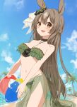  1girl animal_ears artist_name ball beach beachball bikini blush braid breasts brown_eyes brown_hair cleavage day green_bikini green_sarong hair_between_eyes highres holding holding_ball holding_beachball horse_ears horse_girl jewelry long_hair medium_breasts necklace nut_megu ocean open_mouth palm_tree sarong satono_diamond_(umamusume) signature smile solo swimsuit tree umamusume 