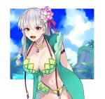  1girl armlet arms_behind_back bangs bikini blue_sky blush braid braided_ponytail breasts cleavage cloud commentary_request day eyebrows_visible_through_hair fate/grand_order fate_(series) flower frills green_bikini green_flower green_swimsuit green_vest grey_hair hair_between_eyes hair_flower hair_ornament hair_ribbon highres jewelry kama_(fate) kama_(swimsuit_avenger)_(fate) large_breasts long_hair looking_at_viewer navel open_mouth palm_tree pendant pink_flower pink_ribbon plant red_eyes ribbon signature sky solo swimsuit tree u_5ham0 vest 