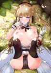  1girl :o animal_ears avatar_(ffxiv) bangs bare_shoulders black_neckwear black_panties black_ribbon blue_eyes blunt_bangs blush boots breasts breasts_apart breasts_outside brown_hair brown_legwear collarbone commentary_request day eyebrows_visible_through_hair final_fantasy final_fantasy_xiv flower gloves grass hand_to_own_mouth highres knee_boots knees_up large_breasts long_hair looking_at_viewer lying mathiamo13 medium_breasts miqo&#039;te nipples on_back open_mouth outdoors panties ponytail ribbon sidelocks slit_pupils solo tail thighhighs underwear white_flower white_footwear white_gloves 