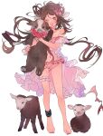  1girl ;d animal_ears animal_hug anklet arknights bare_legs bare_shoulders barefoot bikini brown_hair eyebrows_visible_through_hair eyjafjalla_(arknights) eyjafjalla_(summer_flowers)_(arknights) floating_hair frilled_bikini frills full_body goat goat_ears goat_horns highres horns infection_monitor_(arknights) jewelry latutou1 long_hair looking_at_viewer navel official_alternate_costume one_eye_closed open_mouth pink_bikini pink_eyes sheep simple_background smile solo standing stomach swimsuit swimsuit_cover-up white_background 