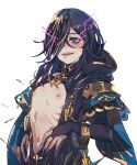  1girl bangs black_hair blush bow_(bhp) bridal_gauntlets fingernails flat_chest granblue_fantasy hair_between_eyes hood hood_down lich_(granblue_fantasy) medium_hair navel nipples purple_eyes ribs sharp_fingernails sharp_teeth simple_background solo sweatdrop teeth white_background 