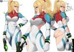  1girl ass bangs blonde_hair blue_eyes blush bodysuit breasts echo_saber gun high_ponytail large_breasts long_hair looking_at_viewer metroid metroid_dread mole mole_under_mouth ponytail samus_aran science_fiction sidelocks simple_background skin_tight solo torn_clothes weapon white_background zero_suit 