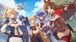  2boys 4girls aether_(genshin_impact) amber_(genshin_impact) armpits arms_behind_head bangs belt belt_pouch black_gloves black_legwear black_pants black_ribbon blonde_hair blue_capelet blue_eyes blue_hair blue_sky breasts brown_belt brown_hair brown_shorts building cape capelet cleavage closed_mouth cloud cloudy_sky commentary corset cowboy_shot crossed_bangs dandelion dark-skinned_male dark_skin day detached_collar detached_sleeves dress earrings eyebrows_visible_through_hair eyepatch flower flying gauntlets genshin_impact gloves goggles goggles_on_head gold_trim hair_between_eyes hair_flaps hair_ribbon halo hand_on_hip hand_on_own_cheek hand_on_own_face hat highres jacket jean_(genshin_impact) jewelry kaeya_(genshin_impact) light_particles lisa_(genshin_impact) long_hair long_sleeves looking_at_another looking_back medium_breasts medium_hair midriff multicolored_hair multiple_boys multiple_girls nagu navel one_eye_covered open_hand open_mouth orange_cape orange_eyes outdoors outstretched_arms paimon_(genshin_impact) pants ponytail pouch purple_dress purple_headwear red_gloves red_jacket red_legwear ribbon shirt short_hair short_shorts shorts shrug_(clothing) side_slit sidelocks silver_hair single_earring sky smile standing streaked_hair thigh_strap thighhighs thighs tree two-sided_gloves two-tone_hair vision_(genshin_impact) white_capelet white_pants white_shirt witch_hat zettai_ryouiki 