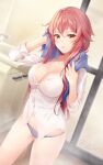  1girl bathroom blue_panties breasts cleavage commentary_request cowboy_shot dress_shirt hands_up highres indoors large_breasts liliya_(kaetzchen) long_hair long_sleeves looking_at_viewer no_bra no_pants orange_eyes original panties red_hair rimuu shirt solo standing steam thighs tongue tongue_out towel towel_around_neck underwear white_shirt 