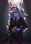  1girl :3 absurdres animal_ear_fluff animal_ears assault_rifle bangs black_jacket black_necktie black_pants blue_hair blush braid carrot_hair_ornament collared_shirt commentary_request cowboy_shot eyebrows_visible_through_hair food-themed_hair_ornament formal gloves gun h&amp;k_hk416 hair_between_eyes hair_ornament highres holding holding_gun holding_weapon hololive jacket long_hair long_sleeves looking_at_viewer mask mask_on_head mcbox multicolored_hair necktie orange_eyes pants payday_2 purple_gloves rabbit_ears rabbit_girl rifle shirt short_eyebrows sidelocks solo standing suit thick_eyebrows trigger_discipline twin_braids twintails two-tone_hair usada_pekora virtual_youtuber weapon white_hair white_shirt 