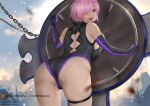  1girl ariverkao artist_name ass bare_shoulders bent_over elbow_gloves fate/grand_order fate_(series) from_behind gloves hair_over_one_eye mash_kyrielight pink_hair purple_hair shield short_hair skindentation solo sword thigh_strap weapon 