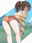  1girl :d absurdres ass bangs bent_over blue_eyes blush brown_hair commentary_request dunggeul_dunggeul grass hair_between_eyes highres hololive jacket looking_at_viewer looking_back natsuiro_matsuri open_mouth orange_shorts outdoors panties panty_peek pantylines scrunchie short_hair shorts side_ponytail sky smile solo spaghetti_strap striped striped_jacket thighs underwear virtual_youtuber white_jacket yellow_jacket yellow_scrunchie 