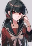  1girl adjusting_hair bangs black_sailor_collar collarbone commentary danganronpa_(series) danganronpa_v3:_killing_harmony eyebrows_visible_through_hair frown hair_intakes hair_ornament hairclip hand_up harukawa_maki highres long_hair long_sleeves looking_at_viewer mole mole_under_eye red_eyes red_scrunchie sailor_collar school_uniform scrunchie serious shirt simple_background solo symbol-only_commentary twintails visket53 