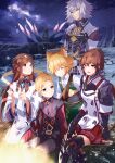 2girls 3boys :d absurdres animal_ears blonde_hair breasts brown_hair campfire cat_boy cat_ears fan_la_norne grin highres jin_(xenoblade) lora_(xenoblade) mikhail_(xenoblade) milton_(xenoblade) miniskirt multiple_boys multiple_girls night open_mouth outdoors red_skirt risumi_(taka-fallcherryblossom) silver_hair skirt sky small_breasts smile star_(sky) starry_sky xenoblade_chronicles_(series) xenoblade_chronicles_2 xenoblade_chronicles_2:_torna_-_the_golden_country yellow_eyes 