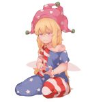  1girl bangs blonde_hair bright_pupils clownpiece doro_au hat highres jester_cap long_hair open_mouth pants pantyhose polka_dot sitting solo star_(symbol) star_print touhou white_pupils 