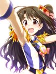  1girl :d arm_up armpits brown_eyes brown_hair commentary_request crystal_night_party_(idolmaster) dress epaulettes hair_ornament heart heart-shaped_pupils highres idolmaster idolmaster_cinderella_girls itou_yuuji long_hair looking_at_viewer one_side_up open_mouth round_teeth shimamura_uzuki shine!!_(idolmaster) smile solo striped striped_dress symbol-shaped_pupils teeth very_long_hair 