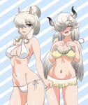  2girls alpaca_ears alpaca_suri_(kemono_friends) animal_ears arm_at_side ass_visible_through_thighs bangs bikini black_horns blush breasts cleavage closed_eyes commentary curled_horns eyebrows_visible_through_hair facing_viewer grey_hair grey_horns groin hair_bun hair_over_one_eye hair_ribbon halterneck hands_on_own_chest hands_up head_tilt highres horizontal_pupils horns kemono_friends long_hair looking_at_viewer lowleg lowleg_bikini medium_breasts medium_hair multicolored_horns multiple_girls navel no_tail open_mouth ox_ears ox_horns purple_eyes ribbon saijouji_reika shiny shiny_skin side-tie_bikini side-tie_bottom smile stomach striped striped_background swimsuit very_long_hair white_bikini white_swimsuit yak_(kemono_friends) yellow_bikini yellow_swimsuit 
