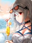  1girl absurdres aimpoleume arknights bangs bare_shoulders beach belt black_choker breasts choker cleavage closed_mouth commentary crazy_straw cup drinking_glass drinking_straw eyewear_on_head food fruit hair_between_eyes hair_ornament heart_straw highres holding holding_cup juice large_breasts long_hair looking_ahead no_hat no_headwear ocean official_alternate_costume orange_(fruit) orange_slice orca_hair_ornament outdoors red_eyes silver_hair skadi_(arknights) skadi_(waverider)_(arknights) sky solo sunglasses table upper_body 