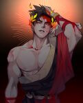  1boy absurdres bare_pectorals belt black_hair black_sclera blood blood_on_face bracelet chengzhineixihuanxiaogou colored_sclera gradient gradient_background greek_clothes green_eyes hades_(game) hand_on_own_head hand_up heterochromia highres jewelry laurel_crown male_focus nipples parted_lips pectorals red_eyes short_hair single_bare_shoulder skull solo teeth toned toned_male zagreus_(hades) 