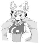  1girl :/ blush closed_mouth greyscale hands_in_opposite_sleeves hat highres itou_yuuji looking_at_viewer medium_hair monochrome simple_background smile solo touhou upper_body white_background yakumo_ran 